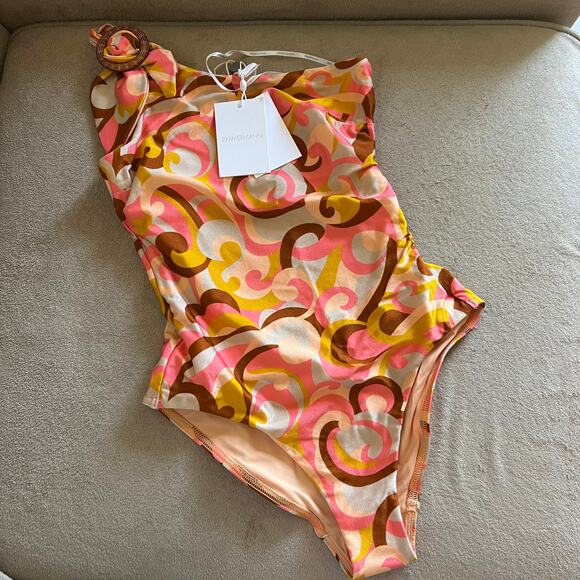 Zimmermann One-shoulder buckled printed swimsuit size 0 US 2-4 peach C1 - Picture 2 of 5